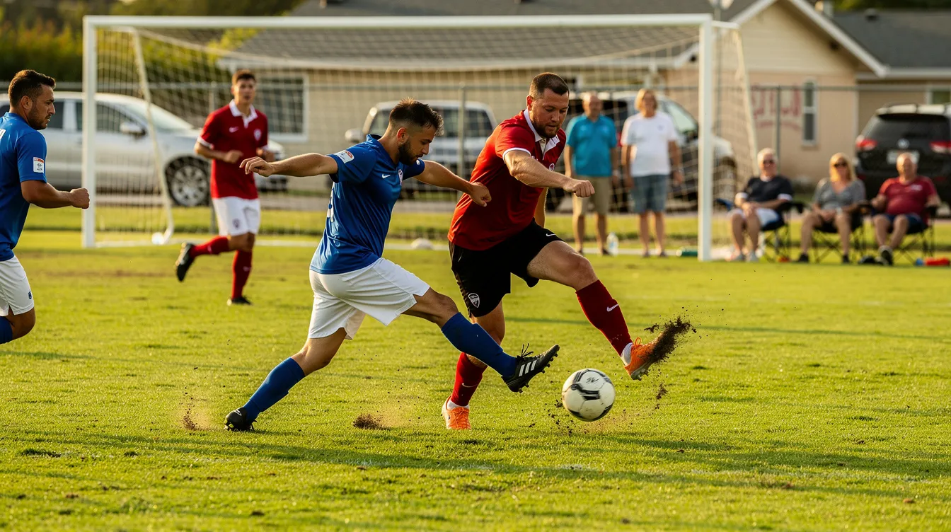 A vibrant scene captures soccer players competing for the ball on a lush green grass pitch during a community match, showcasing the spirit of teamwork and local sportsmanship in Canada. The players are engaged in an intense moment, highlighting the excitement of the game as they strive to score.