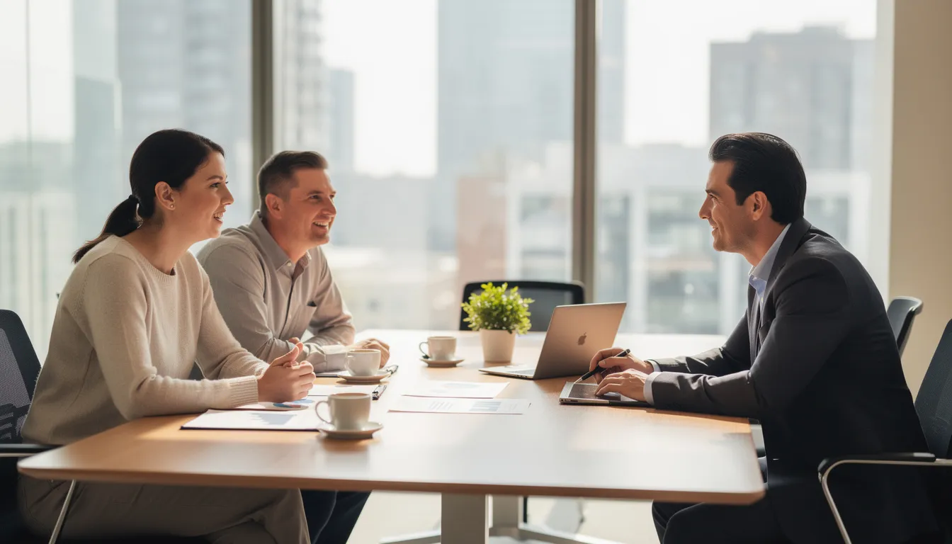 A financial advisor is meeting with clients in a modern office setting, discussing personalized financial planning services and strategies to secure their financial future. The atmosphere is professional, with charts and documents related to investments and long-term goals visible on the table.