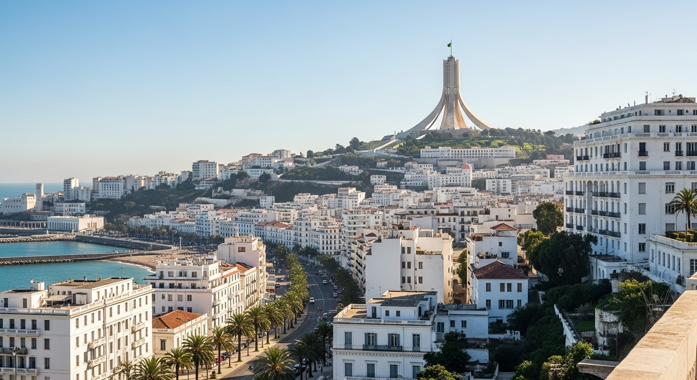 Panoramic view of Algiers, Algeria, showing the Martyrs’ Memorial overlooking the city’s white hillside buildings, palm-lined streets, and the Mediterranean Sea under bright sunlight.