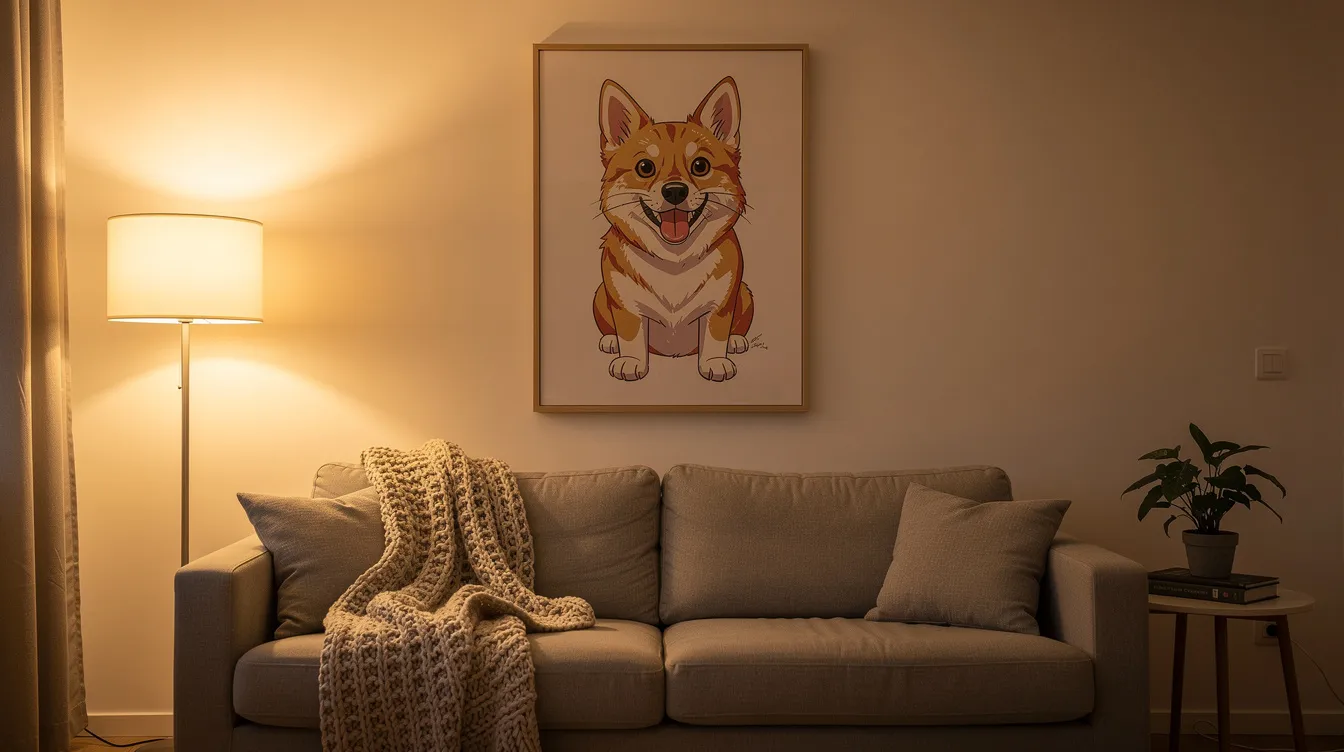 The image depicts a warmly lit living room featuring a cozy couch draped with a blanket, while a framed illustrated pet portrait hangs above it, capturing the essence of family life with beloved pets like a dog or cat. This inviting space reflects the affection and responsibility that pet dads and human beings share with their furry companions.
