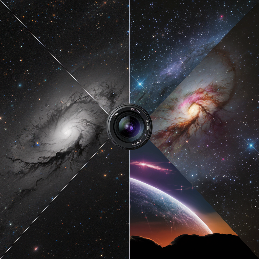 Ideogram 2.0 - Left side - CCD camera capturing faint deep space objects, minimal noise with a starry background filled with galaxies and nebulae. Right side - CMOS camera capturing fast-moving such as a meteor shower