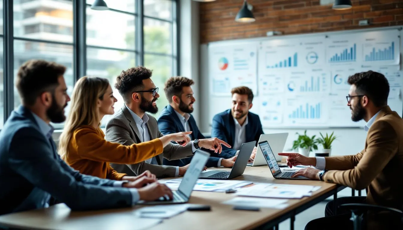 A diverse team of professionals is gathered around a large screen, analyzing colorful data visualizations and performance metrics to refine their marketing strategy and track key performance indicators. They are focused on aligning their marketing objectives with broader business goals to enhance customer engagement and drive revenue growth.