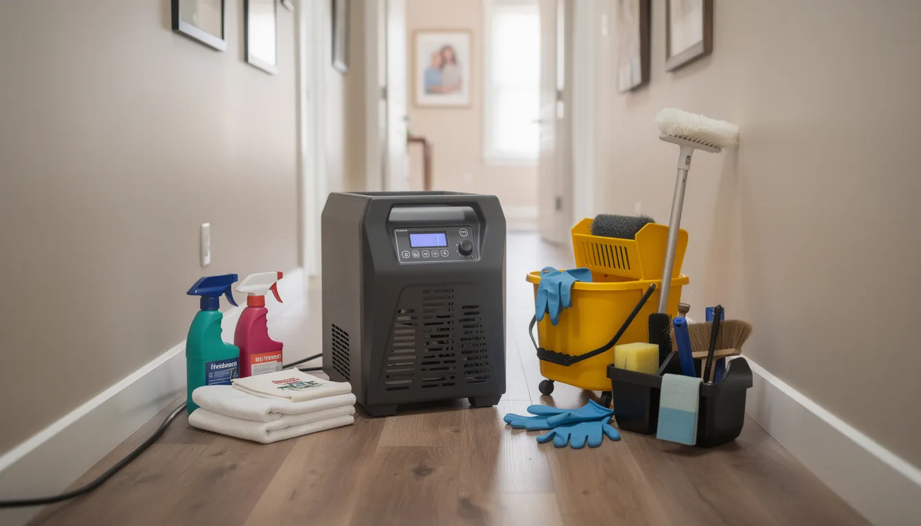 The image shows restoration equipment, including a hydroxyl generator and various cleaning supplies, positioned in a residential hallway, ready for odor removal and smoke smell treatment. This setup is essential for addressing contaminants like cigarette smoke at the molecular level while maintaining a non-toxic environment for living spaces.