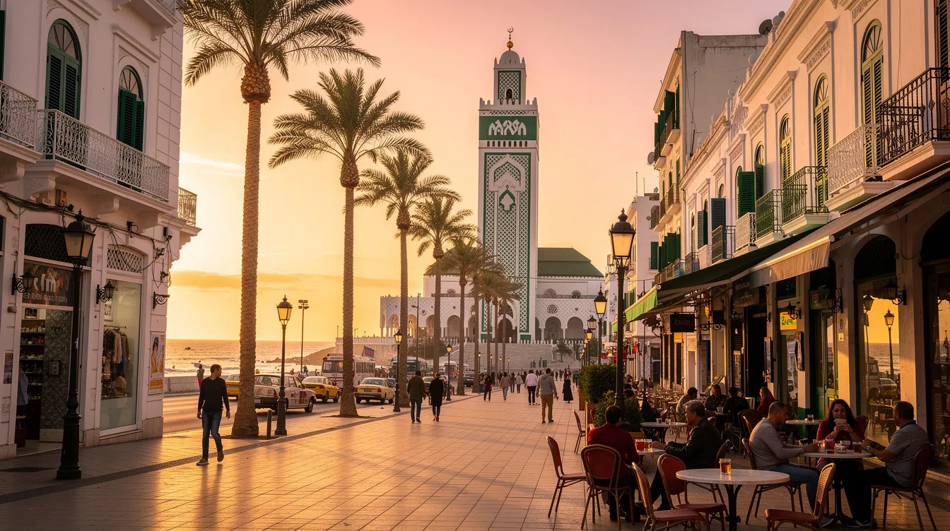A imagem mostra a vibrante cidade de Casablanca, Marrocos, com suas calçadas movimentadas e arquitetura característica. Ao fundo, destaca-se uma mesquita imponente, simbolizando a rica história e cultura da região, enquanto viajantes exploram as lojas e restaurantes locais.