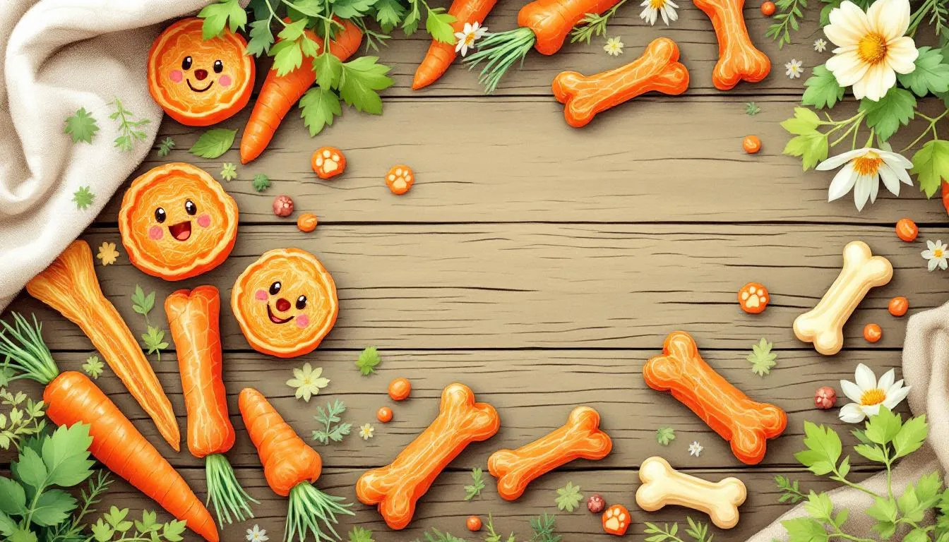 Natural dog treats and chews arranged on a wooden surface.