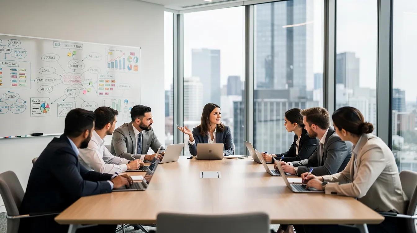 Une équipe de professionnels discute autour d'une table dans une salle de réunion moderne, avec un tableau blanc en arrière-plan. Ils échangent des idées sur la gestion du temps et l'organisation des tâches pour atteindre leurs objectifs d'entreprise.