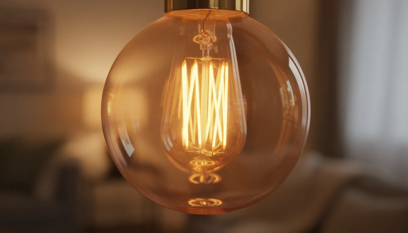 En närbild av en dekorativ LED-filamentlampa som hänger i en elegant glaspendel, vilket ger ett varmt och stämningsfullt ljus i rummet. Lampan är en del av ett brett utbud av pendellampor som passar perfekt ovanför matbordet eller i vardagsrummet.