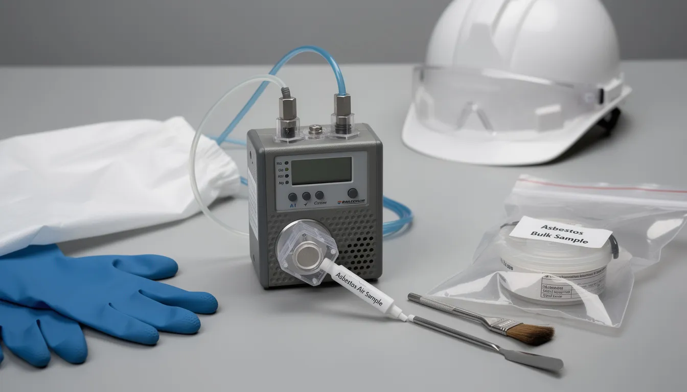 The image shows a close-up of professional equipment used for asbestos sampling, including a thick plastic bag for collecting samples, a damp cloth for minimizing dust, and various tools essential for conducting asbestos testing. This equipment is crucial for identifying asbestos fibres in building materials and ensuring compliance with health and safety regulations.