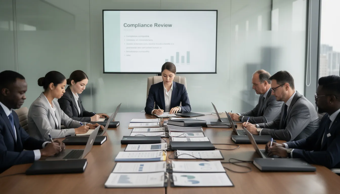 The image depicts a group of professionals gathered in a corporate boardroom, focused on reviewing documents during a compliance meeting. They are discussing various aspects of credit reporting, including the dispute process and ensuring accurate credit information in accordance with federal law.