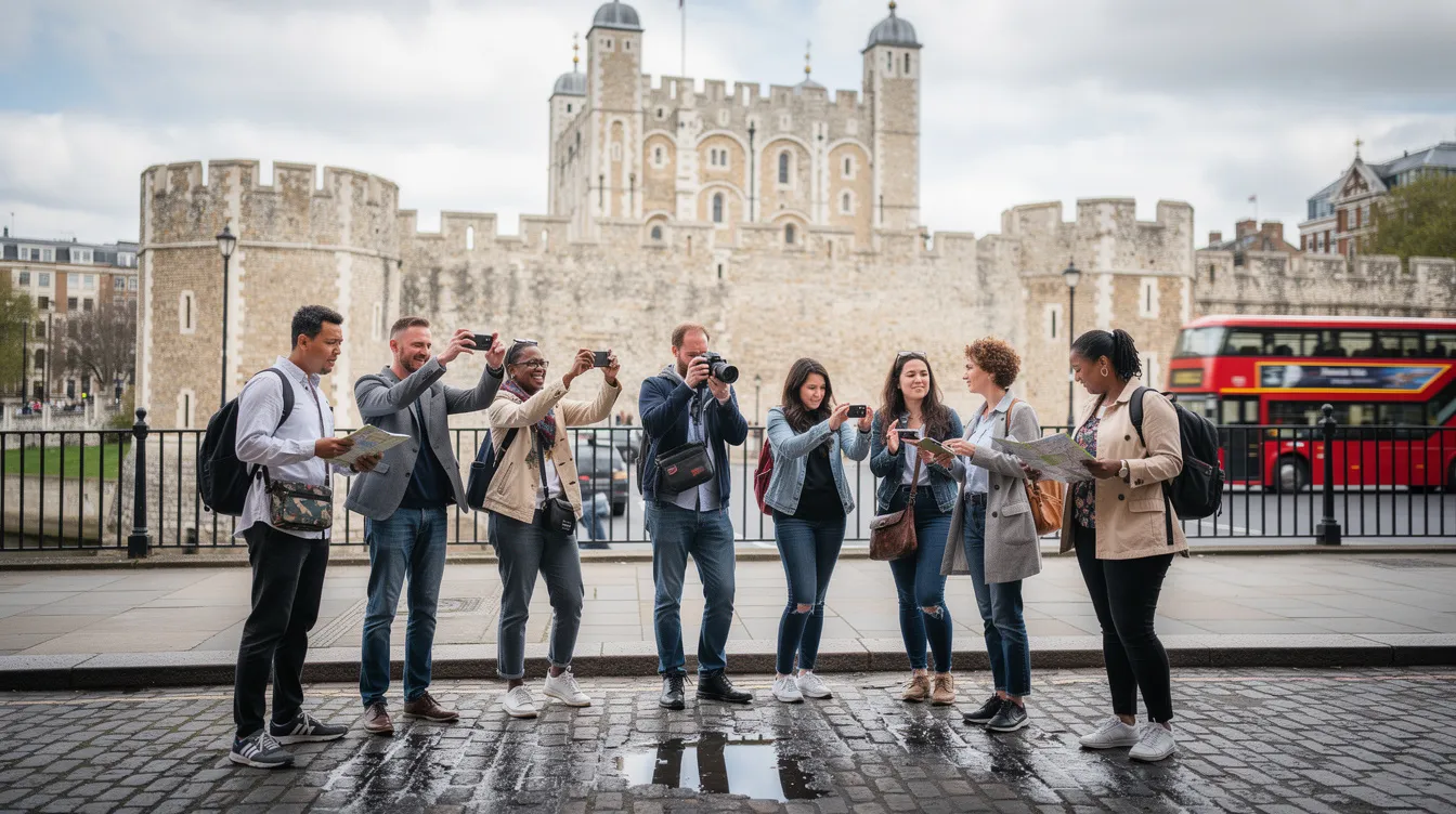 A group of tourists is gathered near a historic British landmark, capturing memories with their cameras. The scene reflects the excitement of visitors exploring the UK, possibly while on a standard visitor visa, as they enjoy their time in this iconic location.