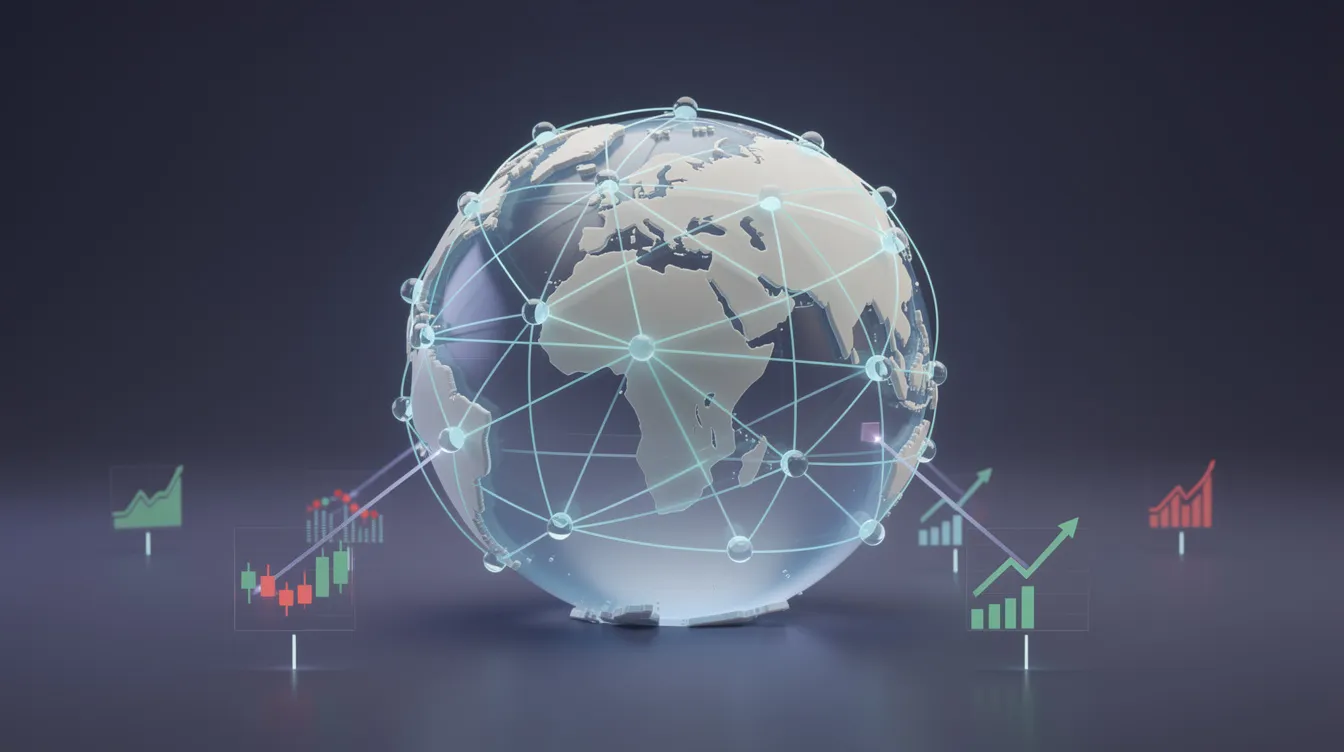 Das Bild zeigt einen Globus mit verbundenen Punkten, der die weltweite Vernetzung und Diversifikation von Aktien symbolisiert. Diese Darstellung verdeutlicht die Vorteile von ETF-Sparplänen und den langfristigen Vermögensaufbau durch Investitionen in verschiedene Märkte und Anlageformen.