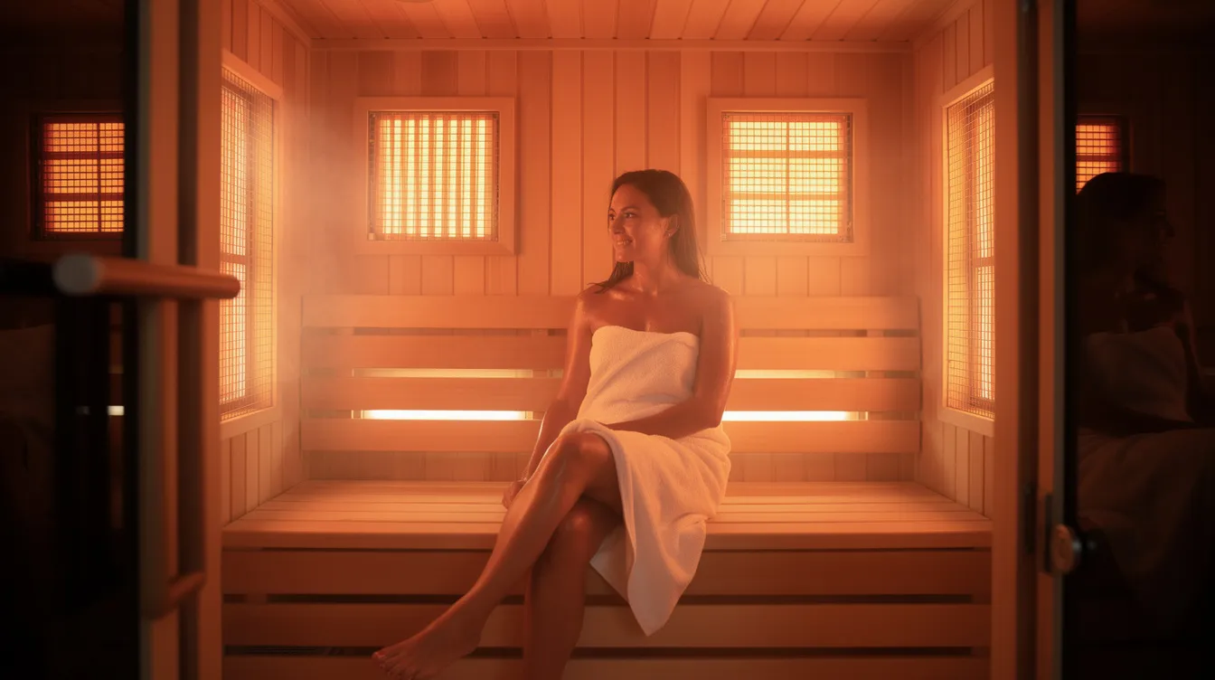 A person is seated comfortably on a wooden bench inside an infrared sauna cabin, surrounded by glowing heater panels on multiple walls that emit radiant heat. The warm environment promotes relaxation and enhances the benefits of infrared therapy, contributing to an increase in core body temperature during sauna sessions.