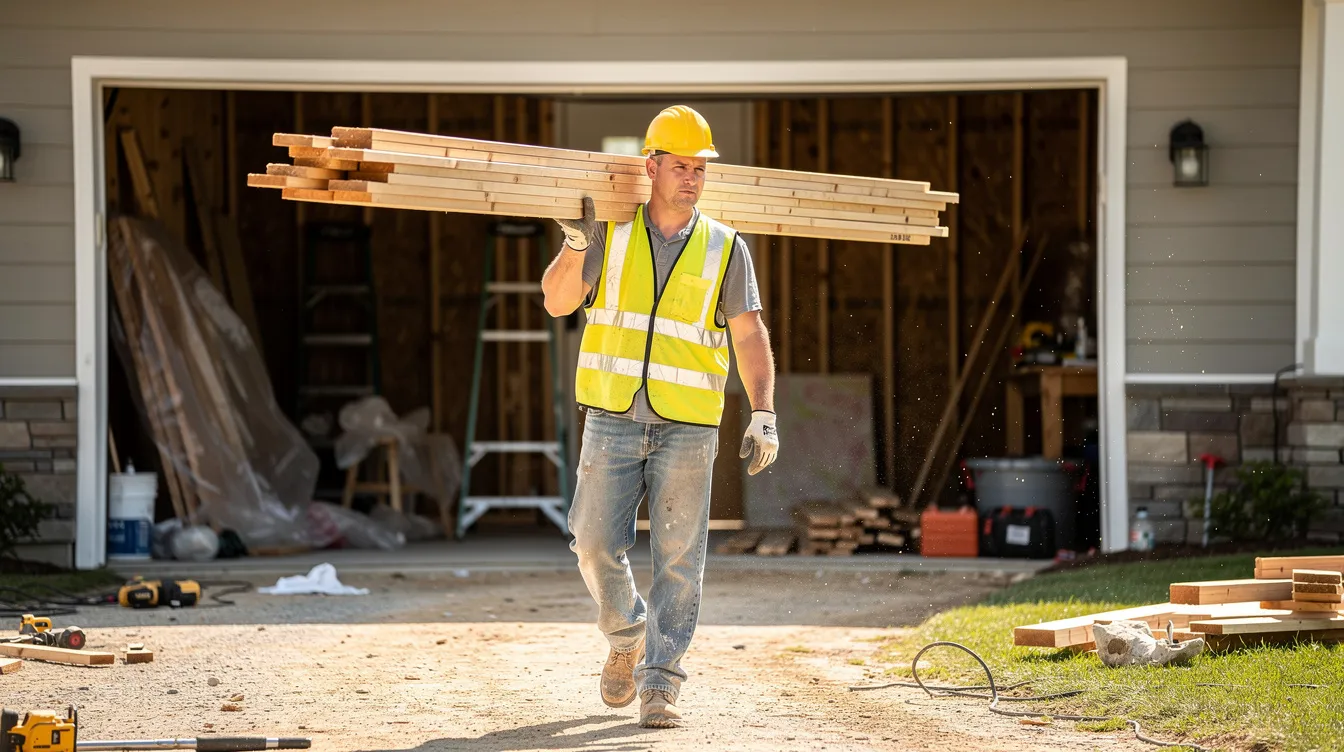 A construction worker is seen carrying lumber into a house undergoing renovations, highlighting the process of home improvement. This image reflects the physical labor involved in updating a property, which may require financial planning, such as considering options like a home equity line of credit for funding renovations.