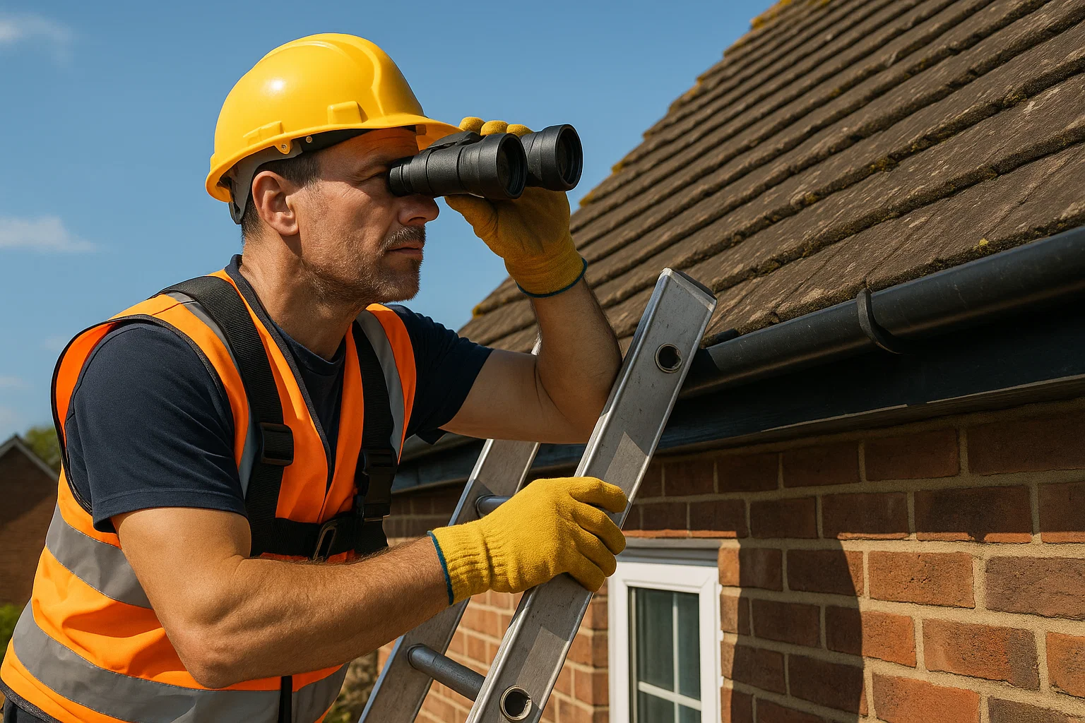 A professional roofer carrying out a roof inspection on a UK home.