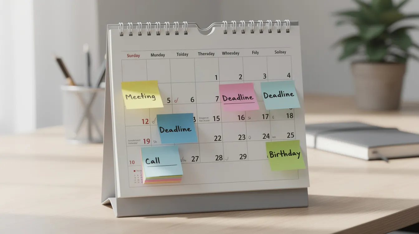 The image shows a desk calendar filled with colorful sticky notes that highlight important dates, symbolizing effective payroll management and the organization of payroll processes. Each note serves as a reminder for key payroll tasks, such as tax filings and employee payments, essential for HR professionals managing employee compensation.