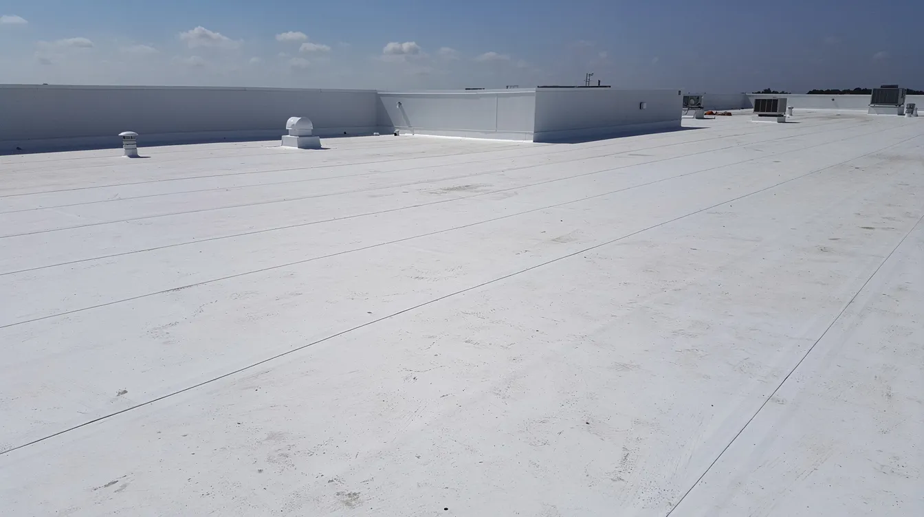 The image depicts a TPO flat roof, showcasing a sleek, smooth surface typical of modern roofing systems. This durable membrane is designed to protect commercial properties from water damage while ensuring energy efficiency and UV resistance.