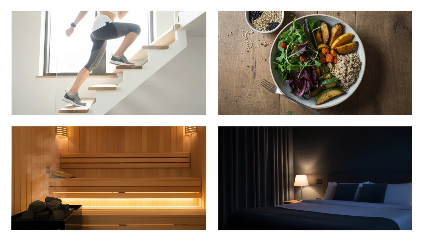 The image is a collage featuring a person climbing stairs, symbolizing fitness and movement, alongside a colorful plant-based meal that reflects a longevity diet. It also includes a serene wooden sauna interior, promoting relaxation and mitochondrial health, and a dark, peaceful bedroom, emphasizing the importance of restful sleep in David Sinclair&rsquo;s anti-aging regimen.
