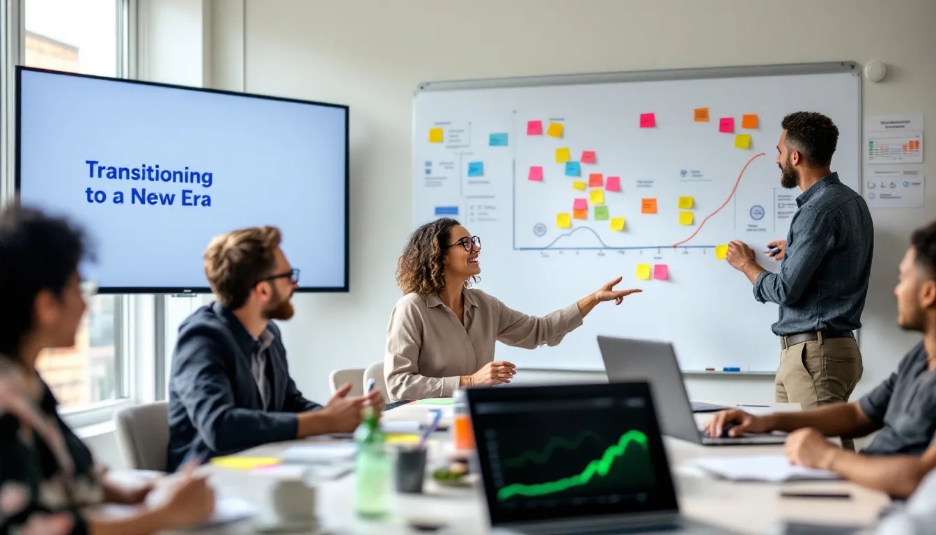A manager monitoring and assessing the progress of change initiatives in a team meeting.