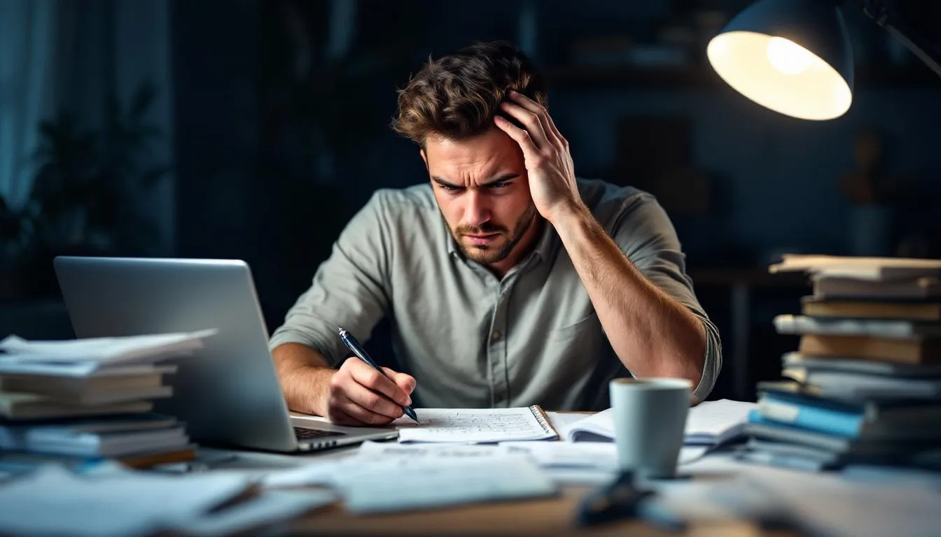 The image shows a person sitting at a desk, looking frustrated and overwhelmed while trying to start writing their life story. Papers are scattered around, reflecting their struggle with capturing significant life events and personal reflections for their autobiography.
