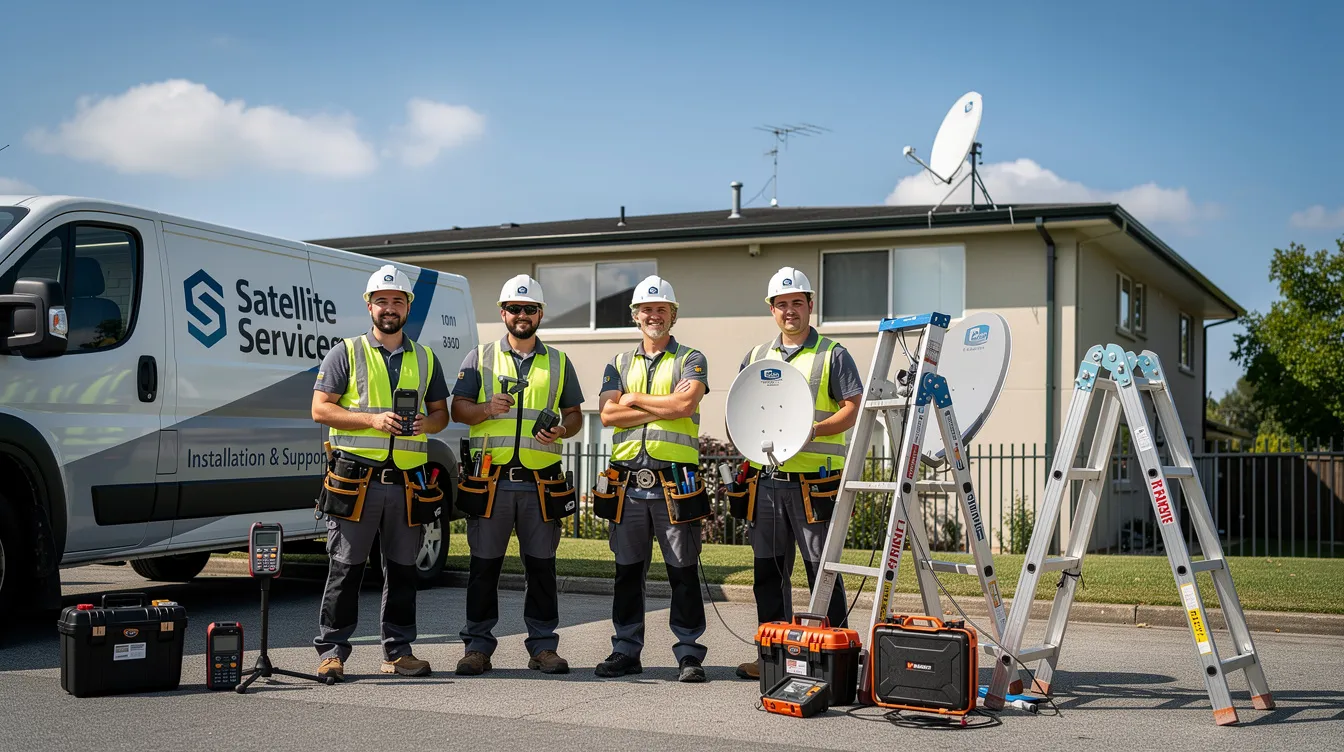 A professional technician team stands ready with satellite installation equipment, including dstv decoders and fibre cables, prepared to tackle the installation process for dstv over fibre in large or wide premises. They are equipped to manage cabling and ensure quality signal distribution while minimizing cable clutter.