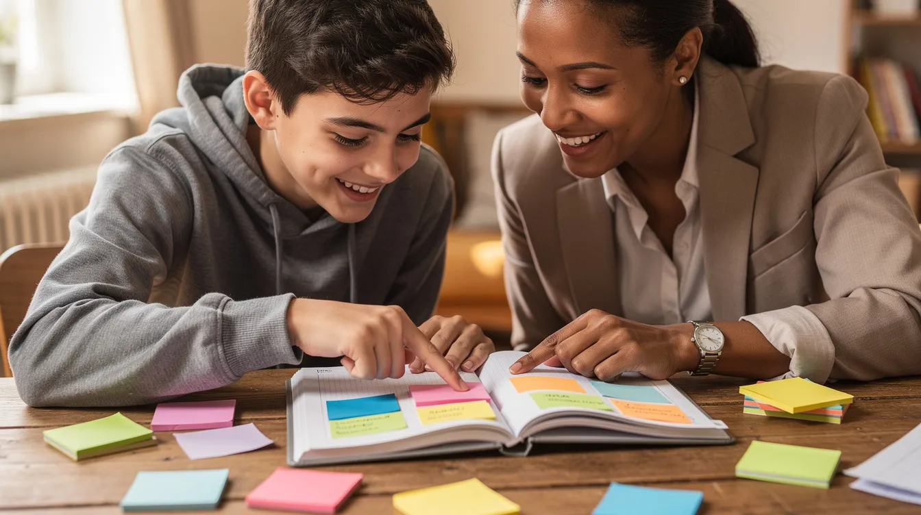 The image shows a teenager and an adult sitting together at a table, collaborating on colorful cards and a planner, which suggests they are engaging in multi-step tasks. This supportive environment highlights the importance of breaking tasks into manageable steps to help children with executive function issues and enhance their ability to follow multi-step directions.