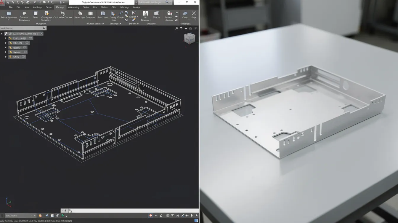 The image features a split-screen comparison: on the left, a SolidWorks 3D wireframe model of a complex Aluminum 5052-H32 electronic enclosure, showcasing detailed bend lines, and on the right, the actual precision-bent part displayed on a clean workbench. This visual highlights the capabilities of precision CNC machining and the transition from digital design to physical manufacturing.