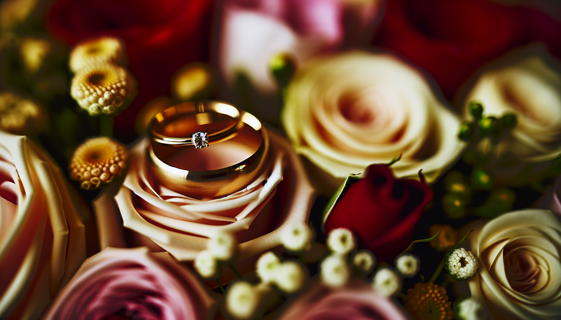 Wedding rings and flowers on a table