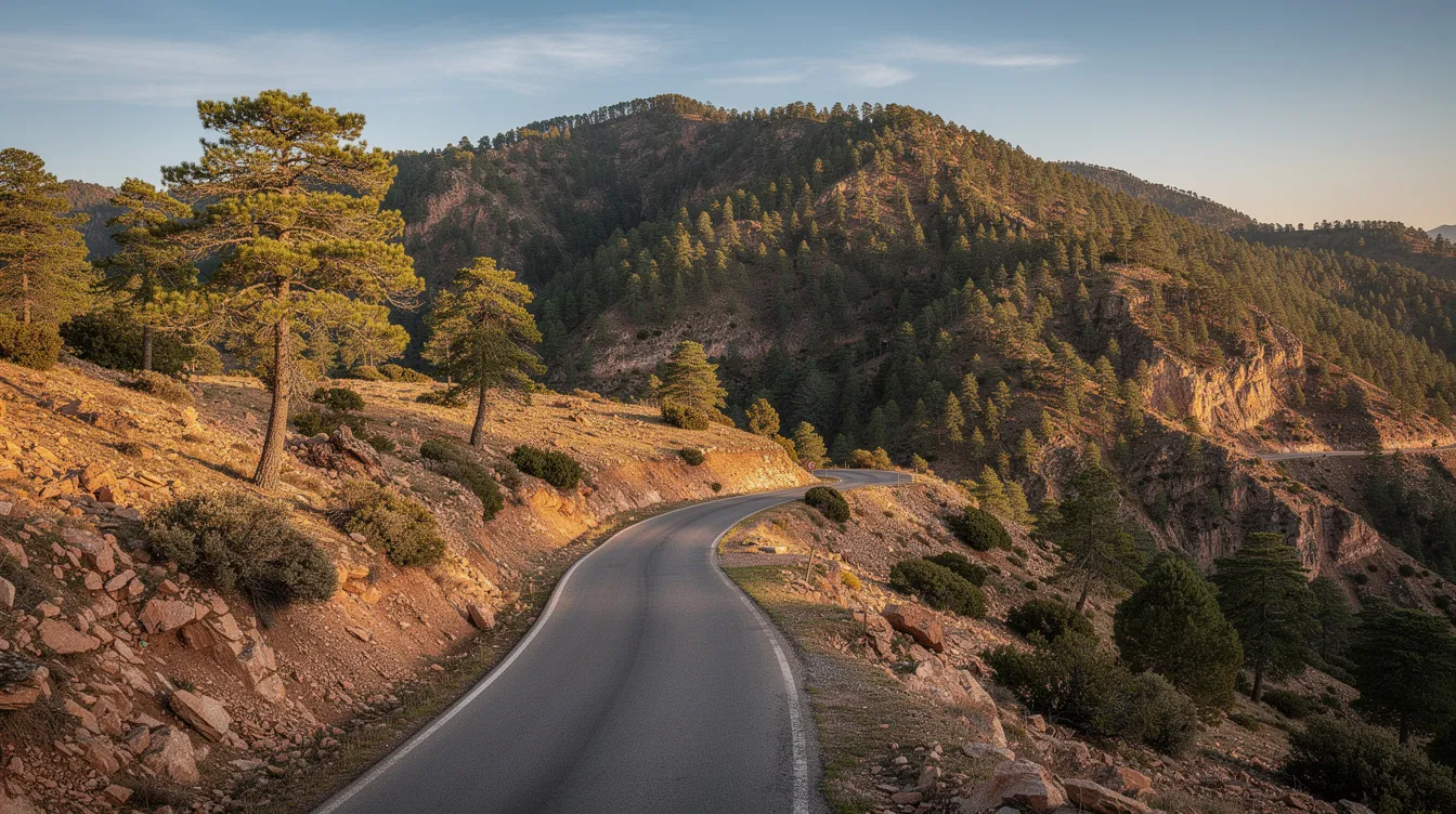 Una carretera de montaña serpenteante se extiende entre los bosques de cedros del Medio Atlas marroquí, ofreciendo una vista impresionante del paisaje. Este destino es ideal para quienes buscan alquilar un coche en Fez y explorar las maravillas naturales de Marruecos.