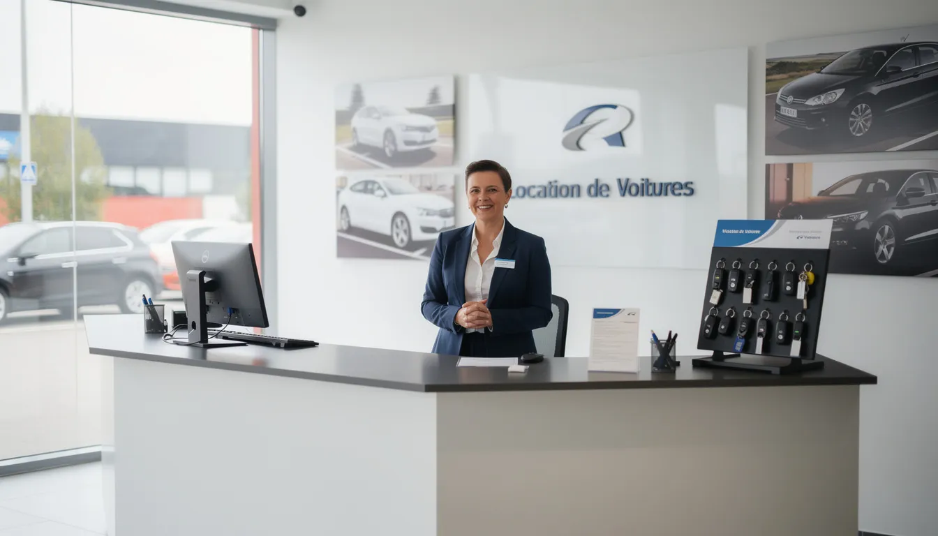 Un agent de location se tient au comptoir d'une agence Europcar, prêt à répondre aux questions des clients sur les options de location de véhicules. Il fournit des informations sur les conditions de réservation, les prix et les assurances disponibles, tout en assistante les jeunes conducteurs dans leur choix de voiture.