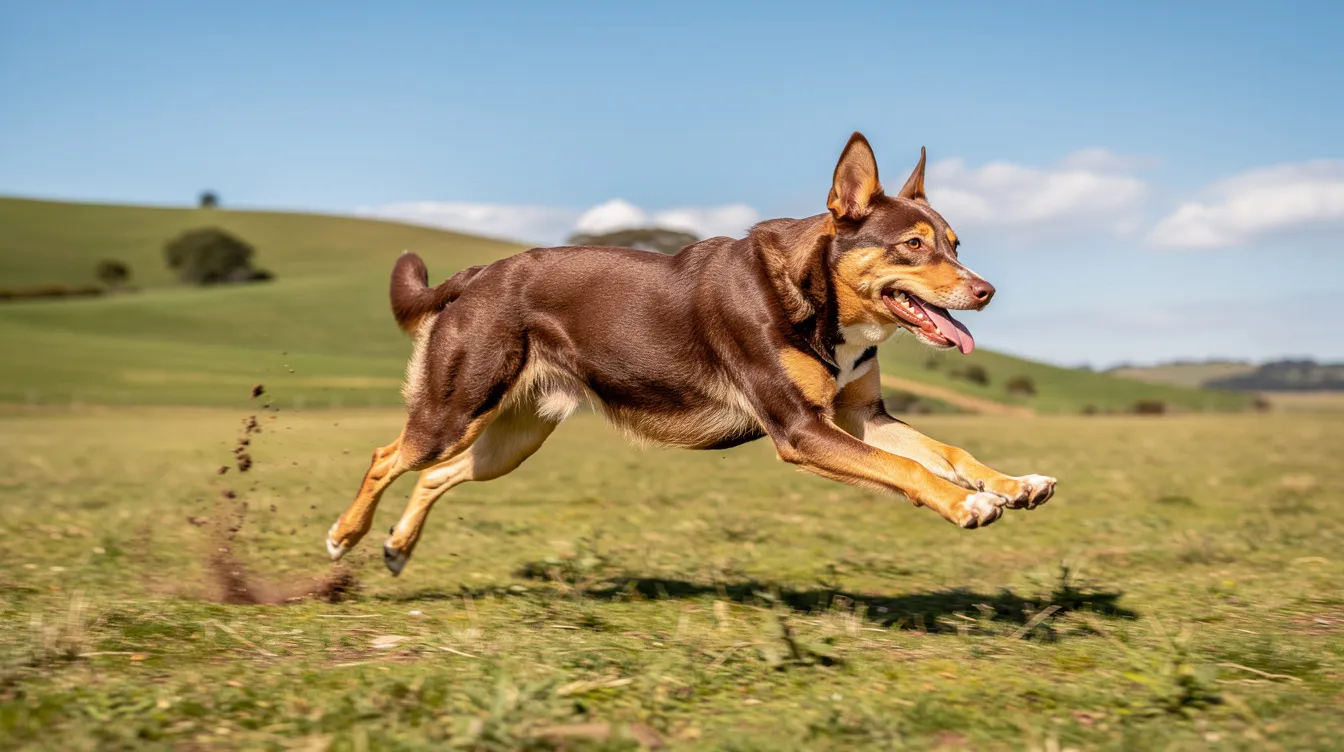 An Australian Kelpie is energetically running through a vast open field, showcasing its agility and strength. This lively dog embodies the spirit of an active lifestyle, highlighting the importance of balanced nutrition for maintaining a dog's health and energy levels.
