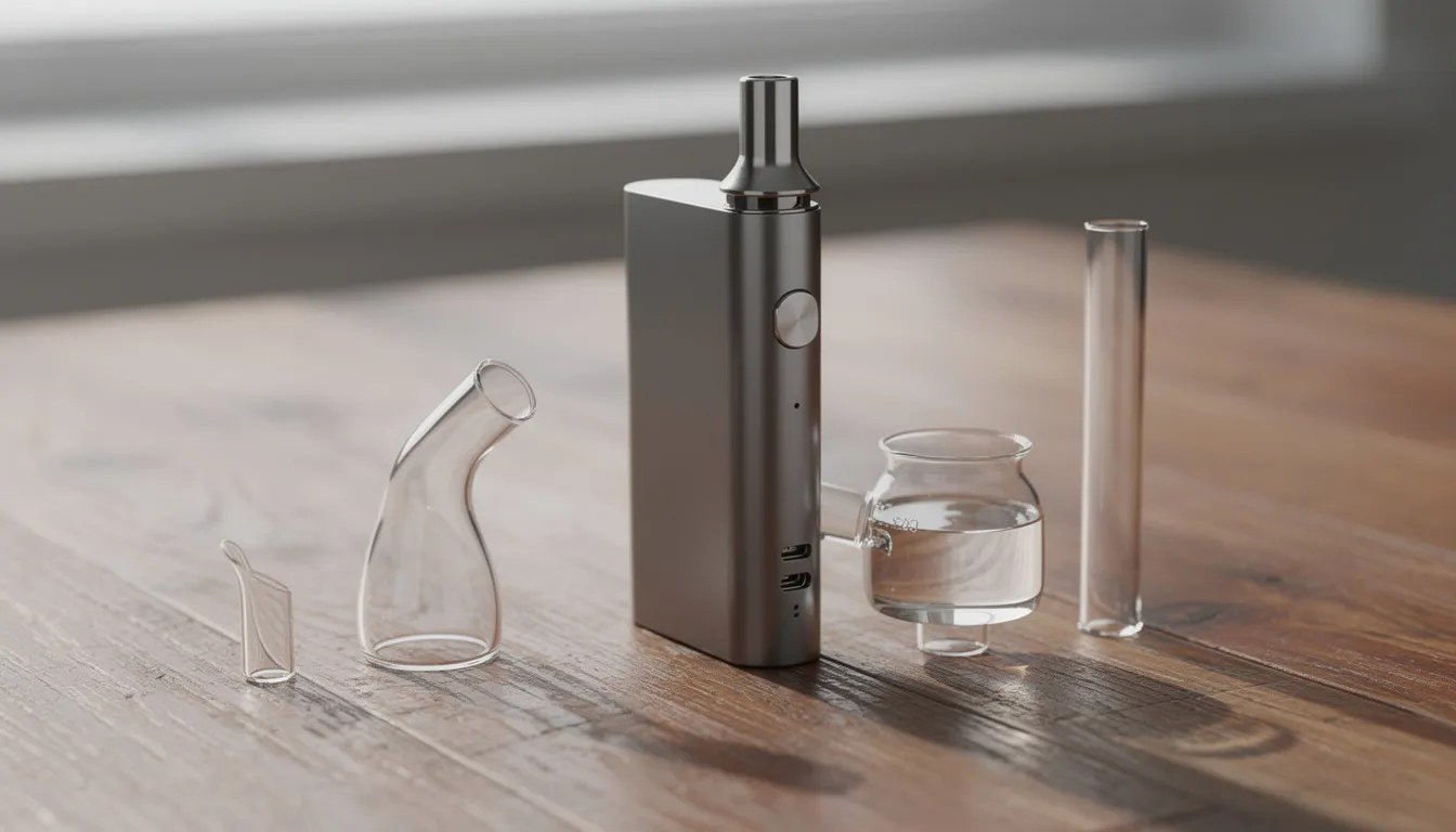 Das Bild zeigt einen tragbaren Vaporizer, den Potv Lobo, zusammen mit verschiedenen Glaszubehörteilen auf einer Holzoberfläche. Der Vaporizer ist kompakt und verfügt über eine USB-C-Ladeanschluss, während die Glasbestandteile eine elegante Ergänzung für das Verdampfen von Kräutern bieten.