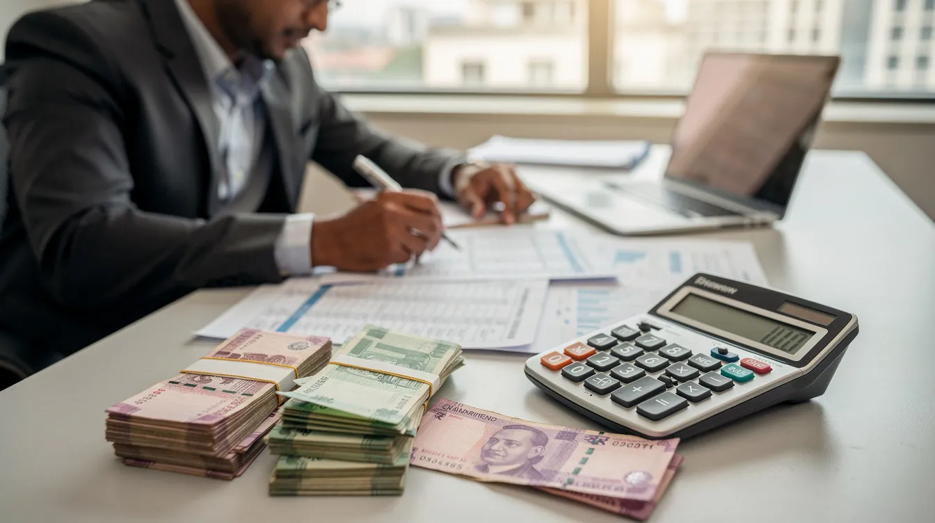 1263a843 7798 4c5d b01a bd41d65deb01 An entrepreneur is seated at a desk, reviewing financial documents that include a detailed project report and calculations on a calculator, surrounded by Indian rupee notes. The scene reflects the planning and analysis necessary for a poha manufacturing unit, focusing on project costs, raw material expenses, and market research in the food processing industry.