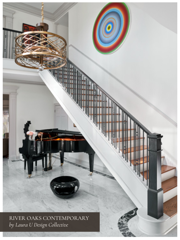 a staircase, interesting bulls-eye artwork and large black piano