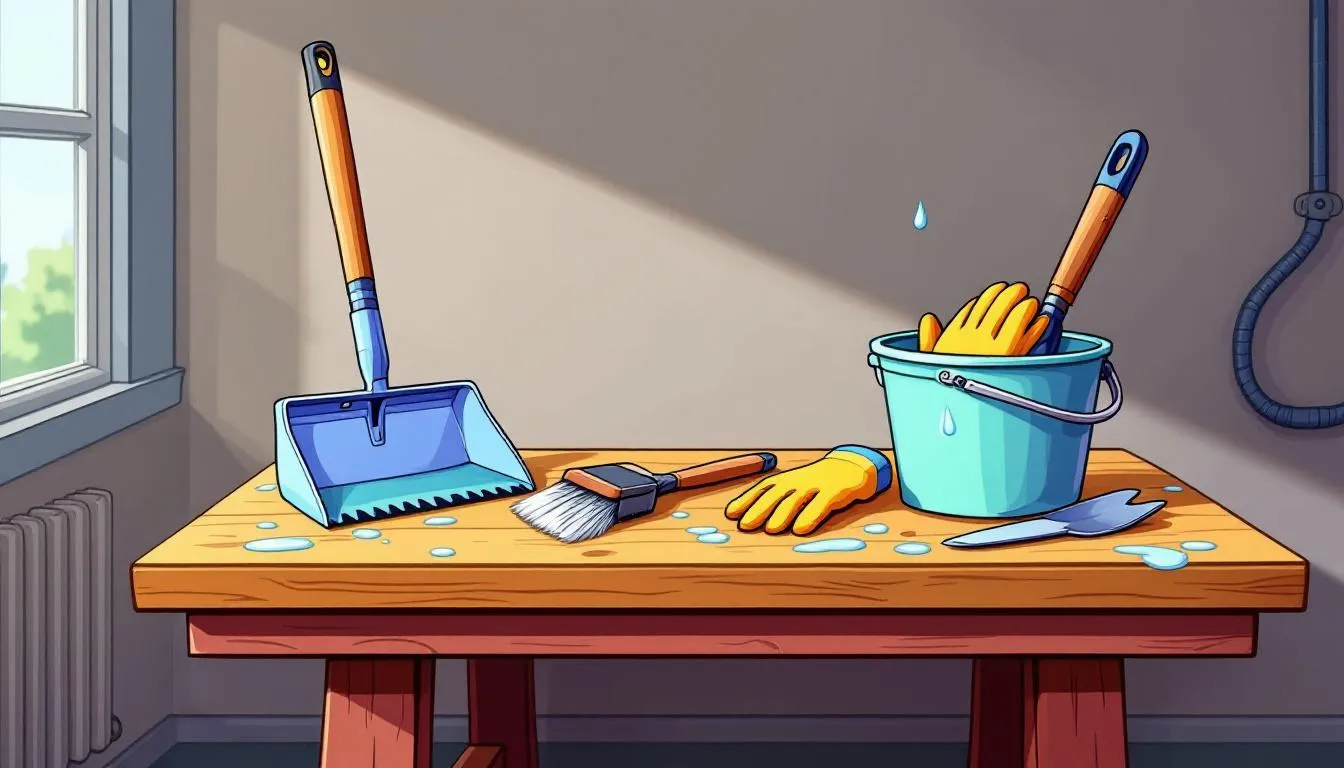 Essential tools for cleaning gutters displayed on a workbench.