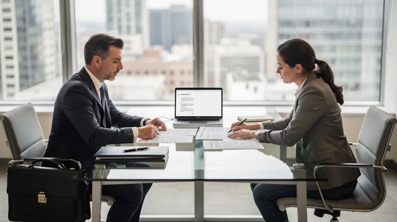 The image depicts a professional meeting at a conference table where a business owner and an attorney are reviewing commercial lease agreements and discussing important provisions related to their lease negotiations. The setting conveys a serious atmosphere focused on understanding the complexities of commercial real estate law and protecting the interests of both landlords and tenants.