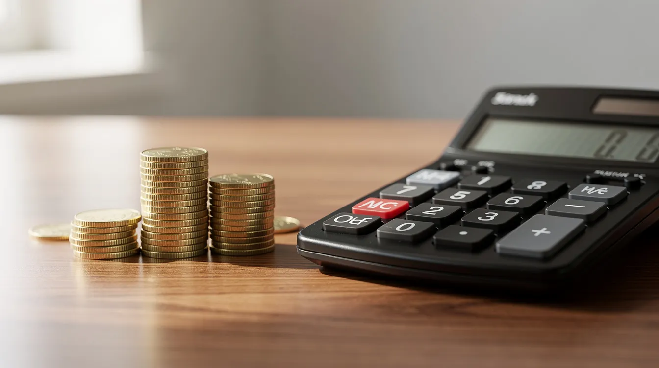 The image features a stack of coins positioned next to a calculator on a wooden desk, symbolizing the financial aspects of managing a business account. This scene reflects the importance of expense management and accounting software for sole traders and small businesses.