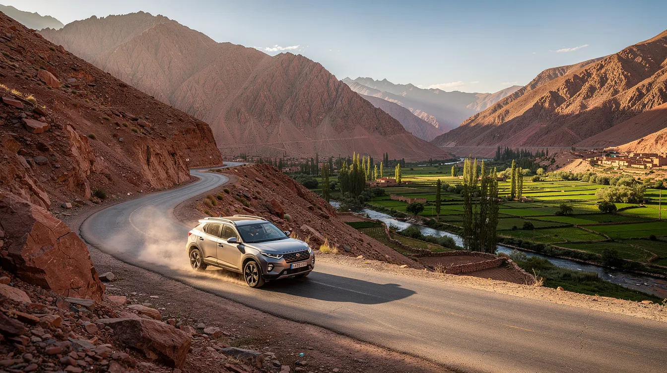 A compact SUV navigates a winding mountain road in the Atlas Mountains, surrounded by lush green valleys below, showcasing the beauty of nature while highlighting the freedom of car rental for exploration. This scene captures the essence of adventure and the convenience of a rental vehicle for travelers seeking to discover stunning landscapes.