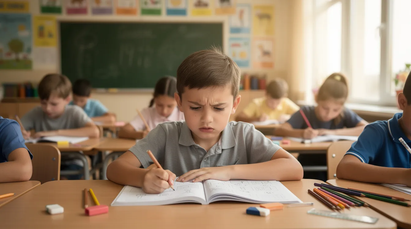 A young student sits in a classroom, looking confused as they struggle to comprehend language while other children write in their workbooks. This scene highlights the challenges faced by children with language processing disorders, as they find it difficult to follow directions and communicate their thoughts effectively.