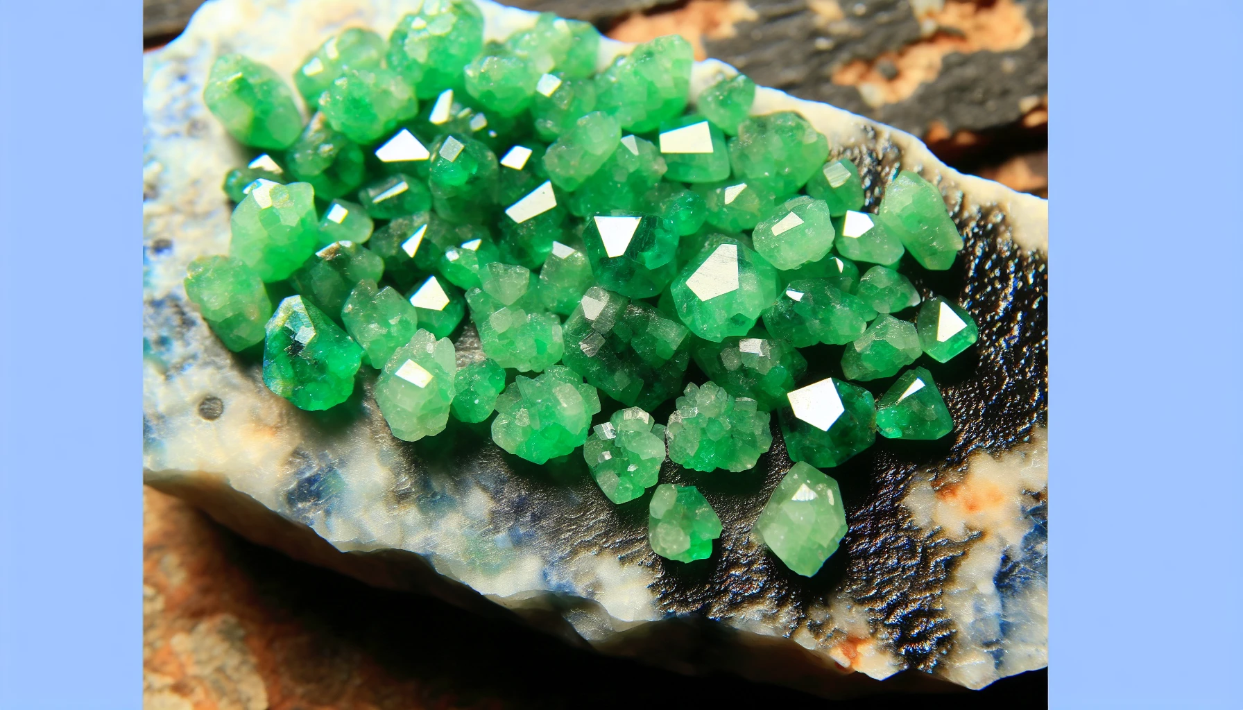 Green aventurine crystals on natural stone background