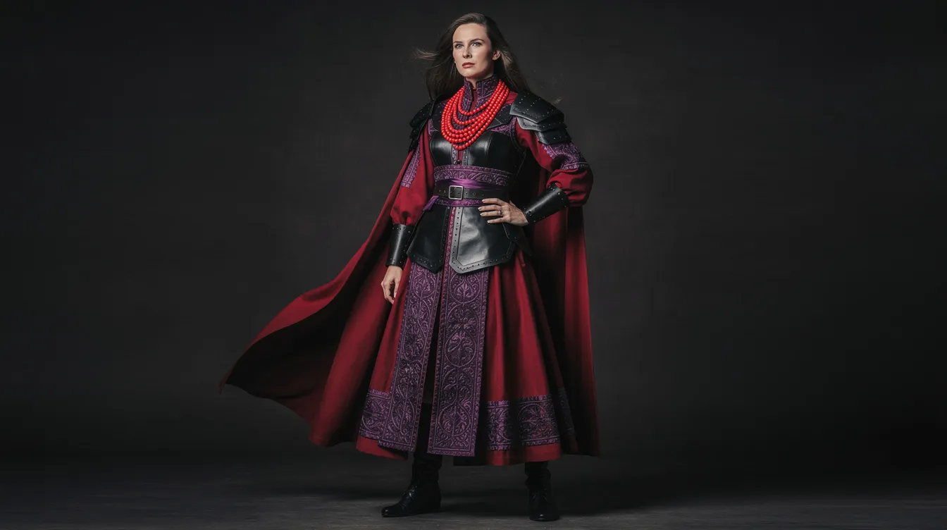 The image features a vibrant combination of crimson red, deep purple, and black accents, symbolizing passion, royalty, and sophistication. Traditional Polish red coral bead necklaces, known as korale, are displayed prominently, representing health and vitality, evoking a sense of cultural richness and emotional support.