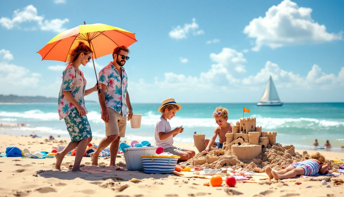 A family enjoying a day at Weymouth beach, showcasing the beautiful sandy shores.