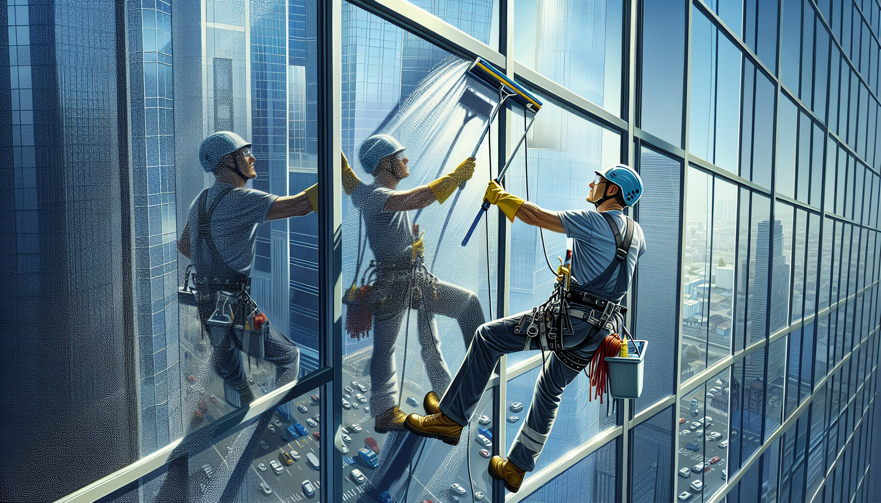 Professional window cleaner working on high-rise building