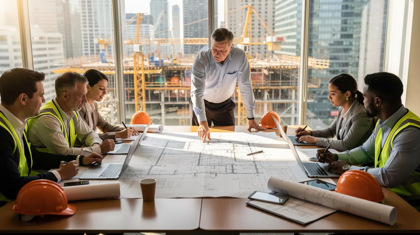 A group of construction professionals is gathered around a conference table, intently reviewing large blueprints and documents related to a project. The scene reflects the collaborative process of estimating costs, assessing risks, and strategizing for successful bids in the construction industry.