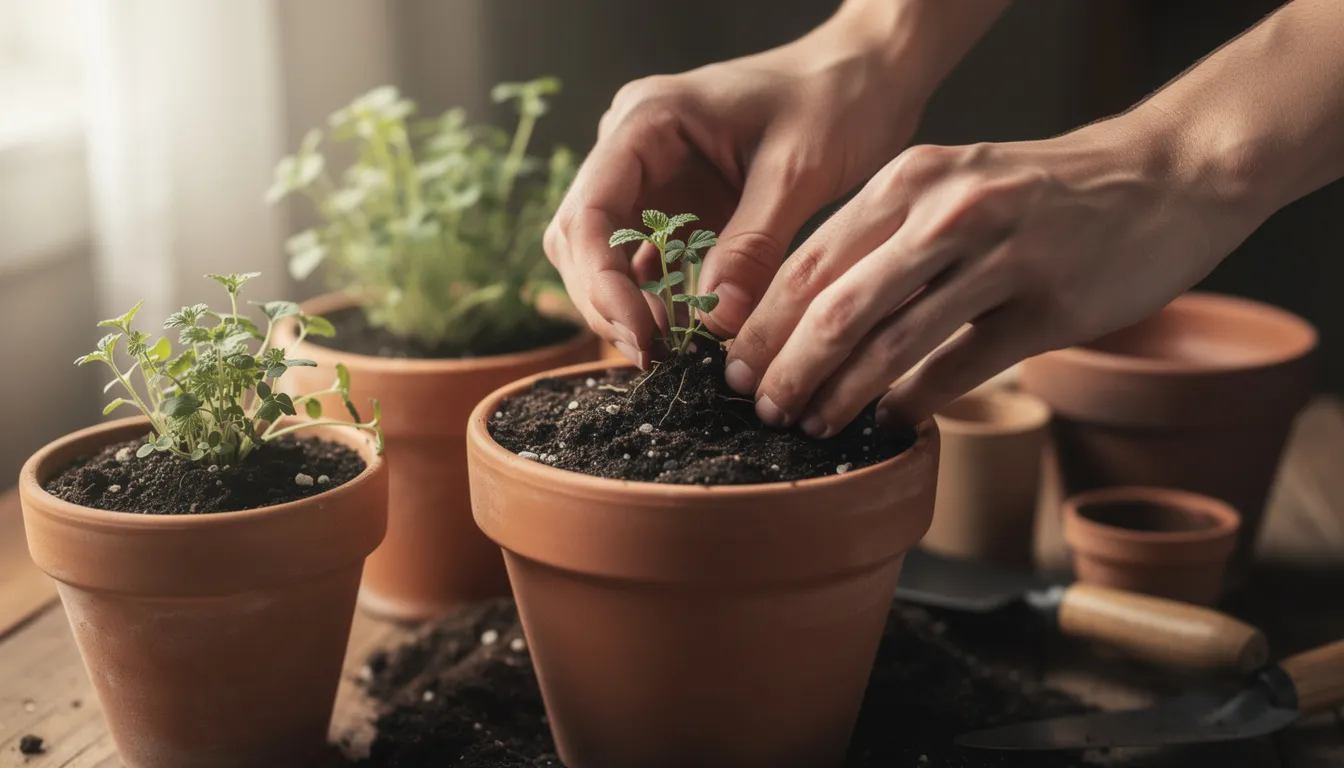 Two hands are gently planting small herb seedlings, including basil and lemon balm, into terracotta pots filled with rich potting mix. This scene captures the essence of creating an indoor herb garden, showcasing the nurturing process of growing fresh herbs indoors.