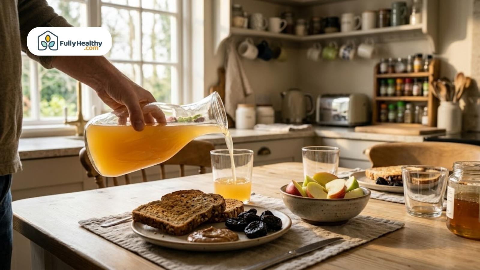 Person pouring fresh apple juice into glass beside breakfast spread