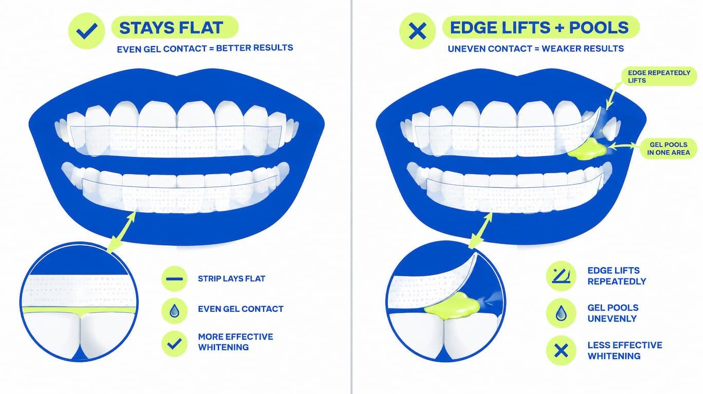 Comparison illustration of whitening strips on teeth: a strip that stays flat keeps even gel contact for better results, while a strip with lifting edges and pooling gel makes uneven contact and weaker results