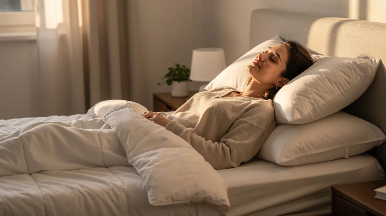 A woman is resting comfortably in a reclined position on pillows in bed, likely during her breast lift recovery process. She appears relaxed, following post-operative instructions to support healing and manage pain as she navigates her recovery timeline.