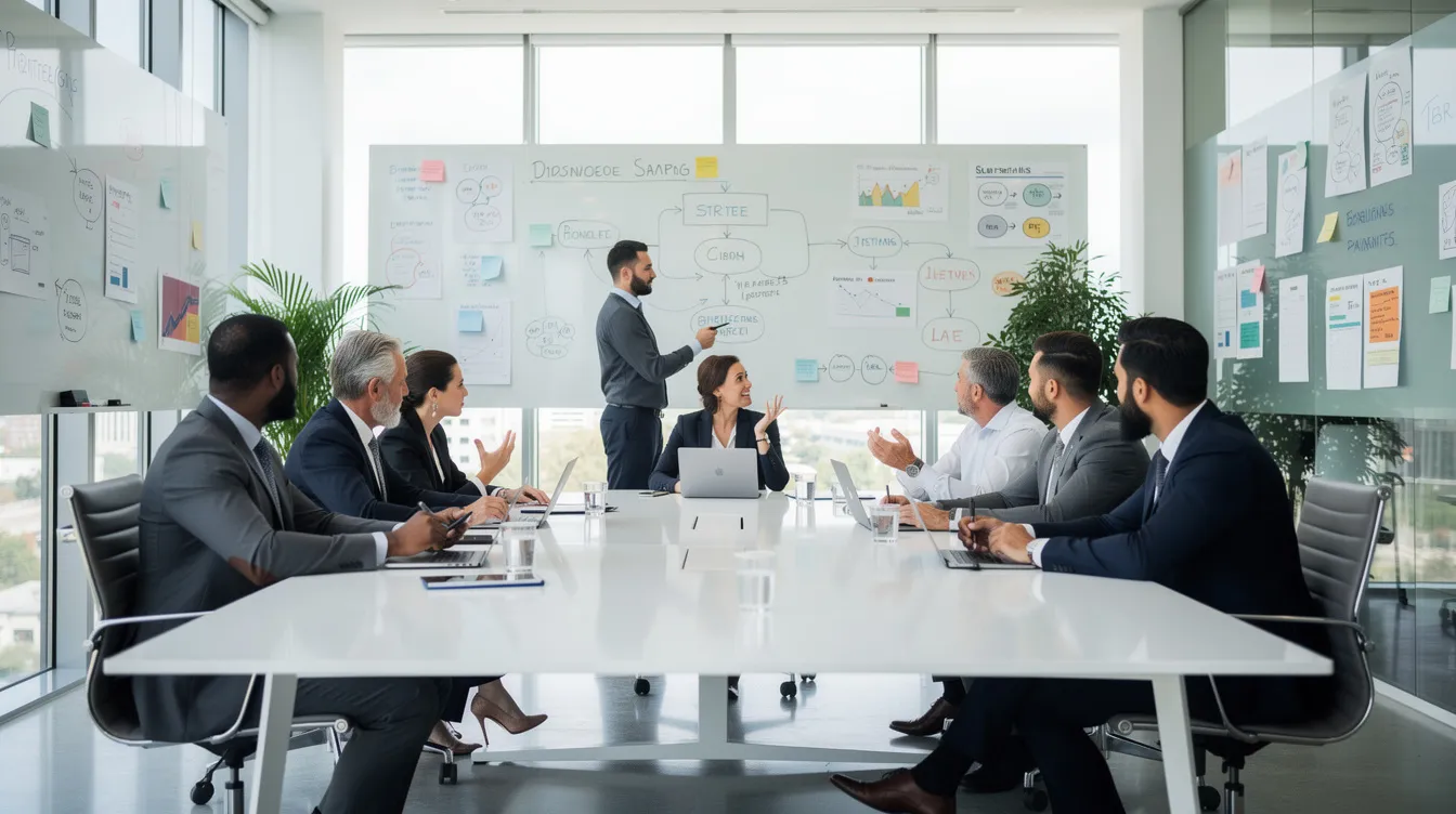 A diverse group of business development professionals is engaged in a focused strategy meeting in a bright, modern conference room, surrounded by whiteboards filled with notes and diagrams. They are collaborating on innovative solutions and discussing long-term business plans to strengthen client relationships and explore new business opportunities.