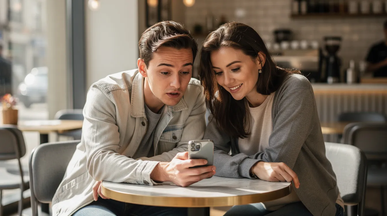 Two people are sitting at a cafe table, looking at a smartphone with interested expressions, possibly assessing compatibility for their online dating journey. Their engaged demeanor suggests they are discussing relationship goals, perhaps reflecting on their first dates and the potential for a long-term relationship.