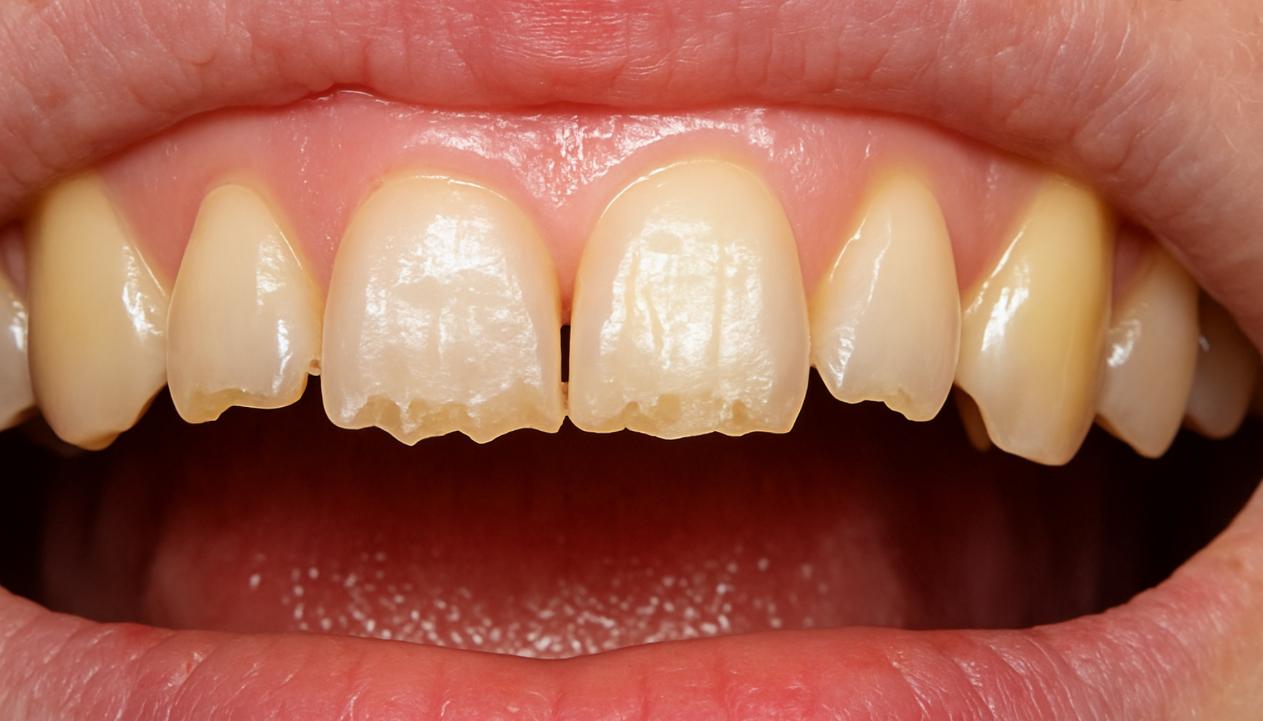 Erosjon på Tennene: Den Usynlige Skaden Du Ikke Merker Før Det Er For Sent 3 Nærbilde av fortenner med tydelig emaljeslitasje, avslørende tannerosjon og begynnende skade på tannoverflaten.